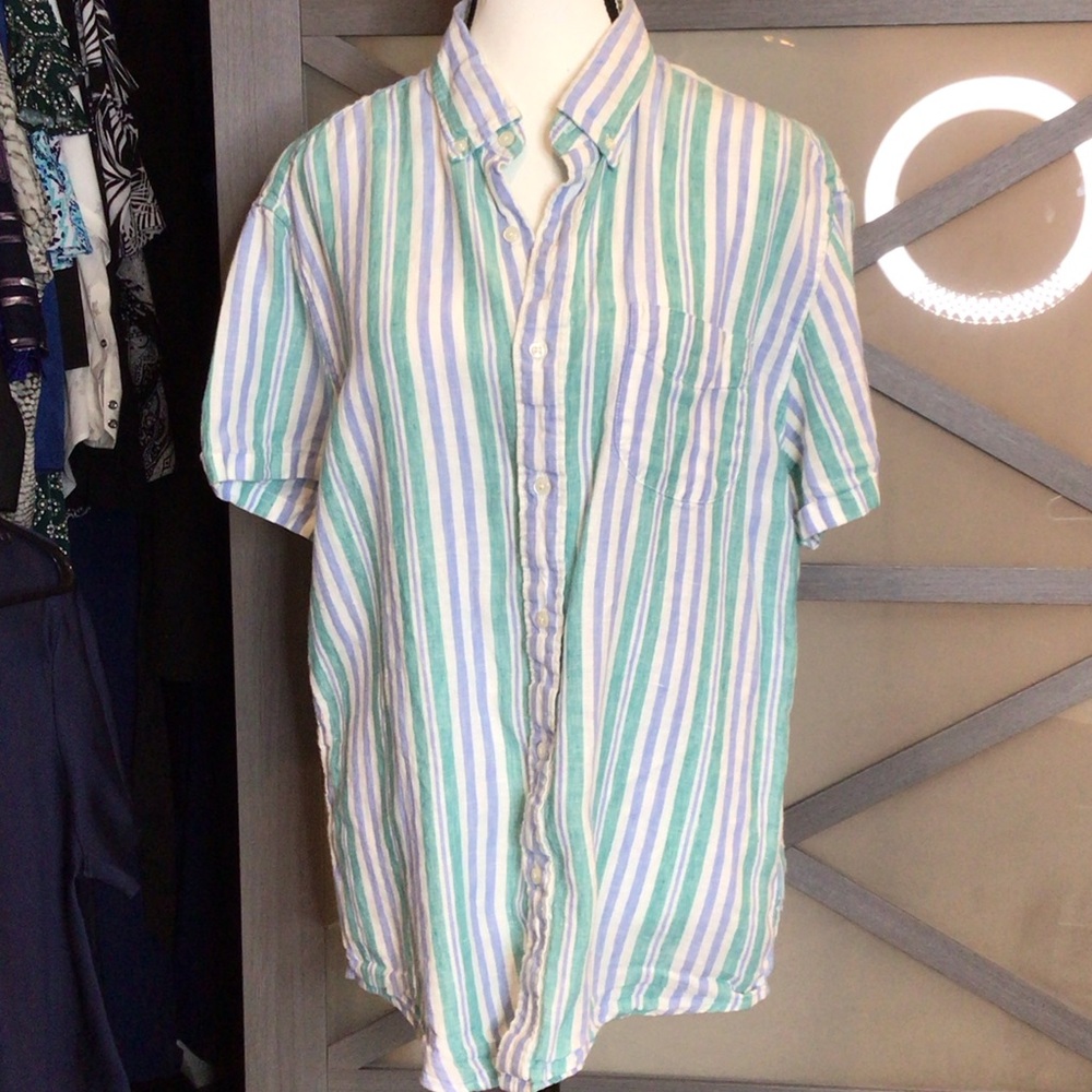 J. Crew Men's Short-Sleeve Vertical Stripe Irish Linen Button-Up Shirt